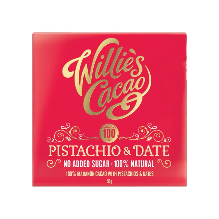Willie's Cacao Pistachio & Date No Added Sugar 100% Natural Chocolate 50G